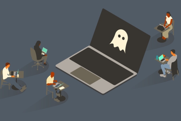 An illustration of a giant laptop with a ghost on the screen is surrounded by five people on laptops sat around it